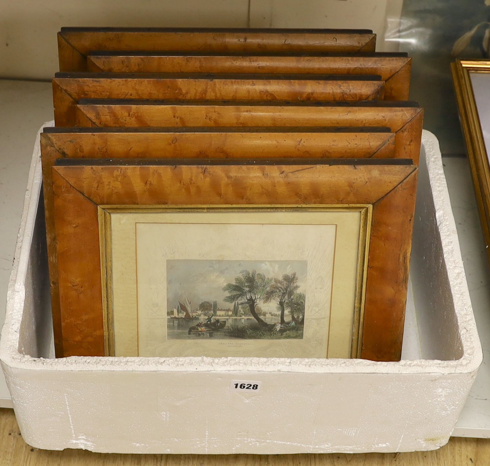 A set of six Victorian coloured steel engravings housed in bird's eye maple frames, frames overall 31 x 37cm